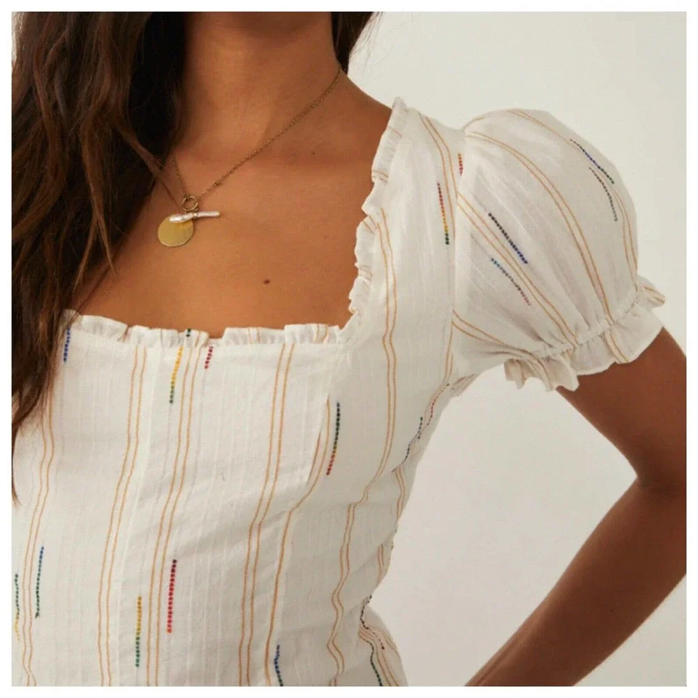 Free People Small New Seratonin Corset Top Cotton Peasant Cop Puff Sleeve White